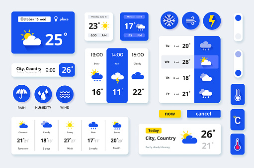 Weather app widget. Ui icon for screen. Week or day climate forecast. Mobile meteorology with temperature graphic. Clouds, sun or rain. Application interface elements set. Vector illustration template