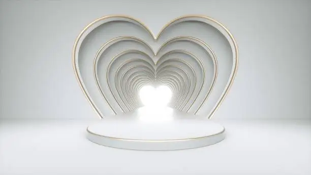 Photo of Modern, Abstract, White And Golden Heart Shaped Tunnel Pedestal Background - 3D Illustration