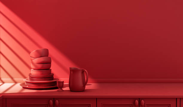 istock Stylized single color red kitchen counter and everyday utensils in morning sunlight. 1397788873