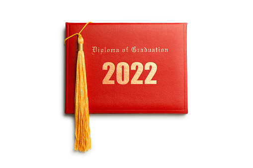 A red diploma cover embossed with 