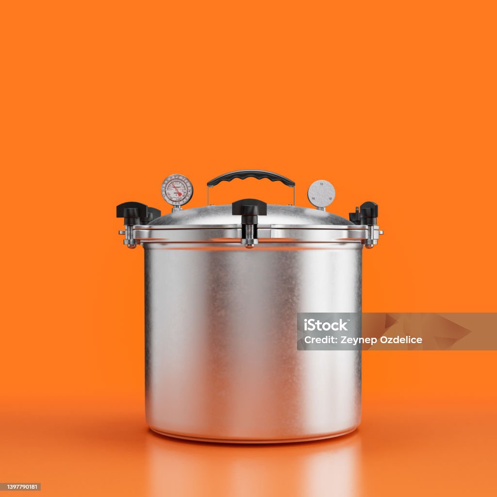 Vintage pressure cooker, retro kitchen appliance front view, 3d rendering Pressure Cooker Stock Photo