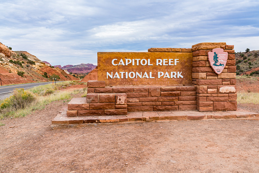 Torrey, UT - October 7, 2021 - Entrance sign to Capitol Reef National Park in Utah