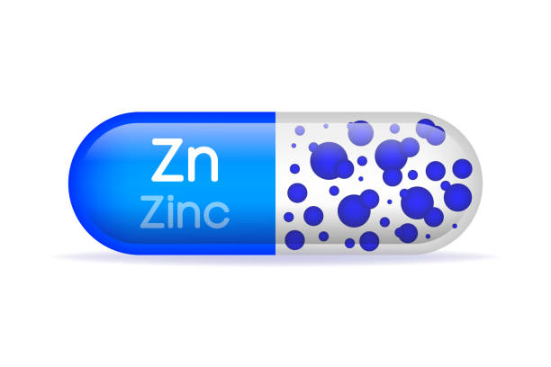 ikona mineralnej niebieskiej błyszczącej kapsułki pigułki. zn zink. ilustracja wektorowa. - zinc stock illustrations