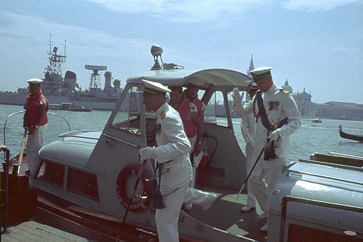 Venice, Veneto, Italy, 1969. Officers of the Italian cruiser \