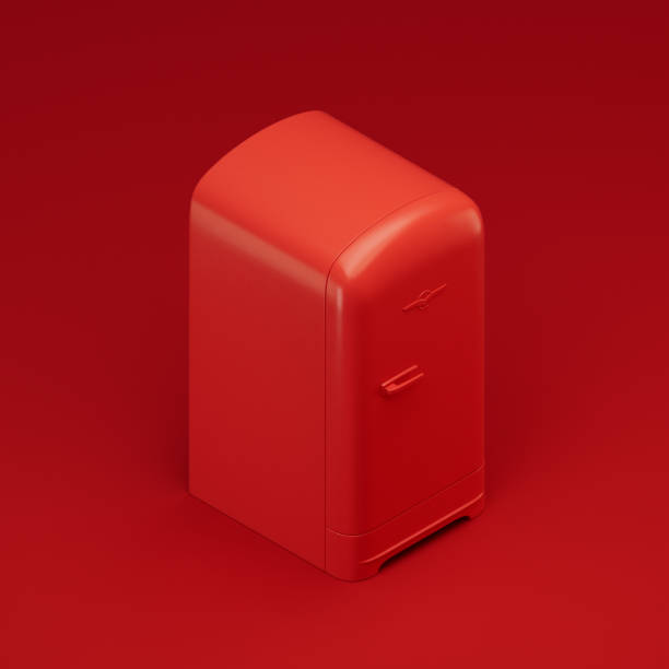 istock Monochrome Vintage red refrigerator, retro kitchen isometric appliance, 3d rendering 1397792570