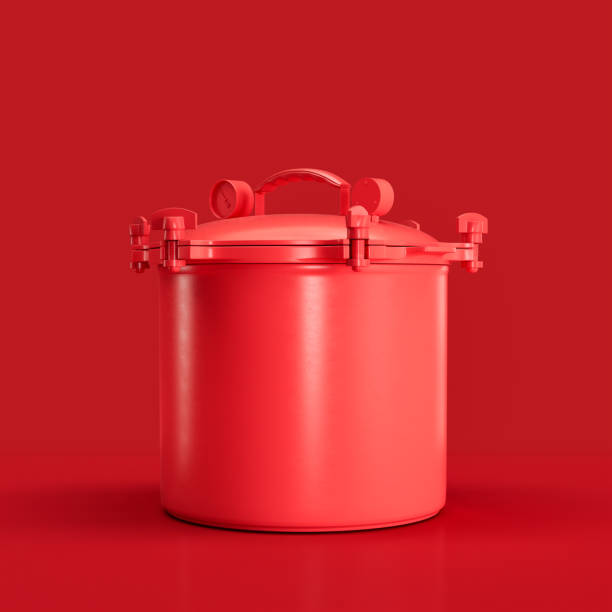 istock Monochrome Retro pressure cooker, vintage kitchen appliance side view, 3d rendering 1397793864
