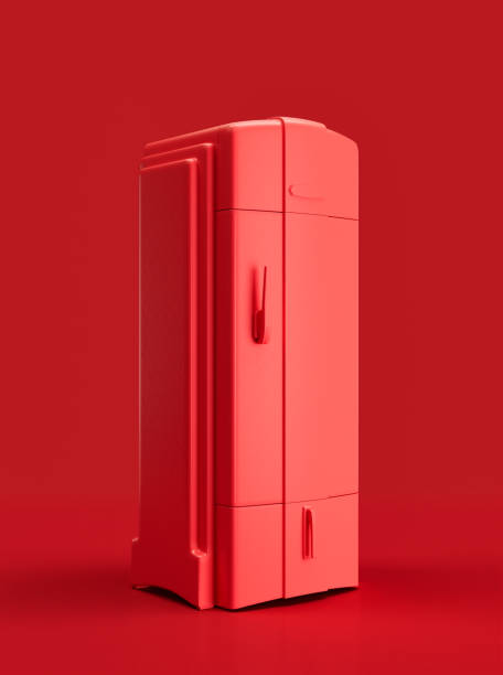 istock Monochrome Retro red refrigerator, vintage kitchen appliance side view, 3d rendering 1397794069