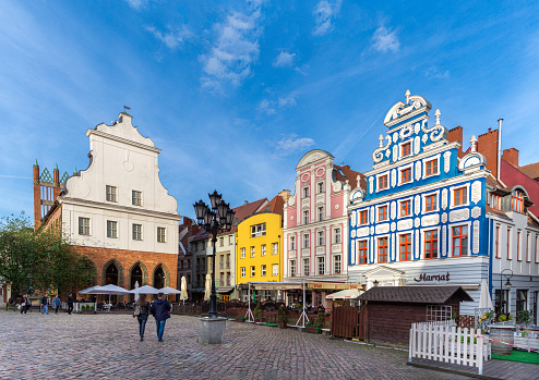 Szczecin, Poland - May 14, 2022: Beatiful view of an Old Town in Szczecin, Poland. Colorful vintage houses on the historical square