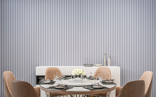 Modern luxury dining room with full round table, chairs, low cabinets and decoration in front of white hardwood paneled wall background. 3D rendered image.