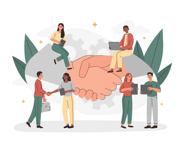 Partnership and Agreement concept Partnership and Agreement concept. Young male and female entrepreneurs conclude contract or deal, develop business and shake hands. Signing of documents. Cartoon modern flat vector illustration respect stock illustrations