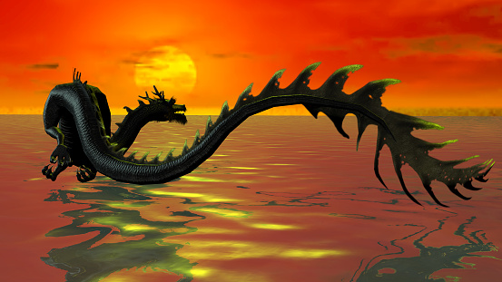 Chinese black dragon flying over the sea towards the sunset, made in iclone7