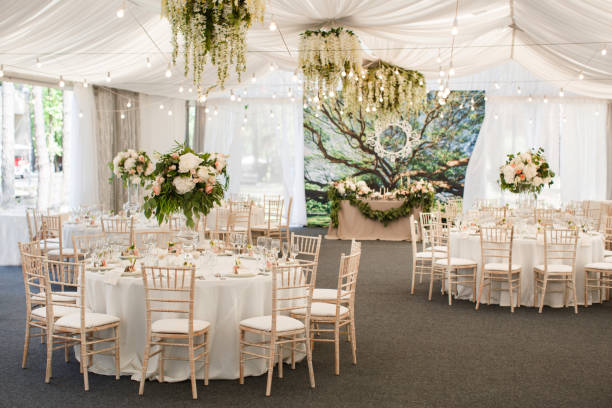украшение свадебного стола цветами и лентами - restaurant banquet table wedding reception стоковые фото и изображения