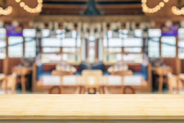 istock Empty wood table top with blurred Japanese restaurant background 1397808754
