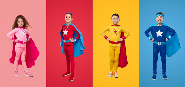 Collage of full body preteen kids wearing colorful superhero costumes standing with hands on waist and looking at camera with confidence