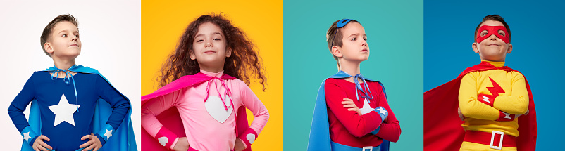 Collage of brave children wearing colorful superhero outfits standing with hands on waist and crossed arms in studio