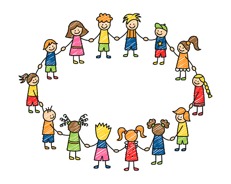 Happy doodle stick children holding hands. Hand drawn funny kids in circle. Children friendship concept. Doodle children community. Vector illustration isolated on white background.