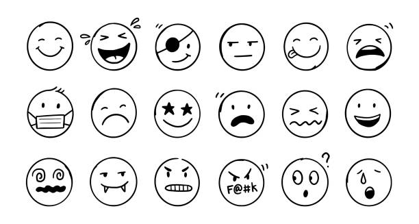 Doodle Emoji face icon set Doodle Emoji face icon set. Hand drawn sketch style. Emoji with different emotion mood, happy, sad, smile face. Comic line art vector illustration. drawing of the how to draw a crying face stock illustrations