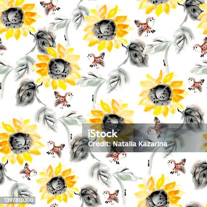 istock Sunflowers and sparrows, Chinese painting on rice paper, seamless pattern. 1397810300