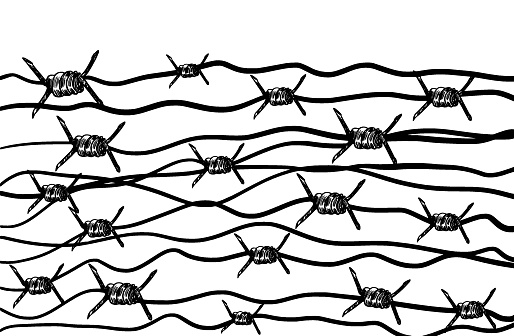 Barbed wire on a white background. Stock illustration with a fence in a protected area. The concept of military barracks, prison, border, prohibition, cruel laws, dictatorship, media restriction.