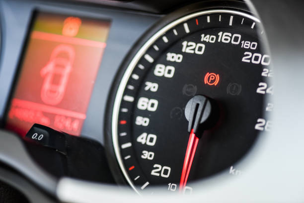 istock handbrake icon on the dashboard. Modern light car mileage. 1397815755
