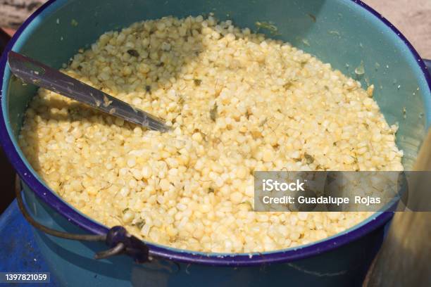Corn Kernels In A Blue Pot Known As Esquites Stock Photo - Download Image Now - Appetizer, Casserole, Color Image