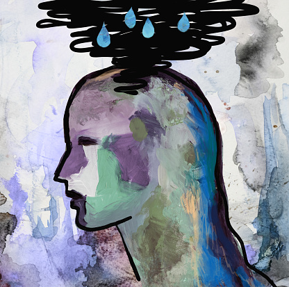 Mental health concept - Woman's head, profile view, with chaotic thought pattern, depression, sadness, anxiety