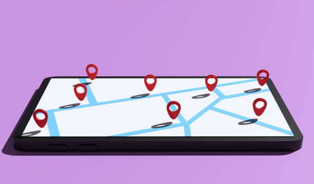 istock 3D rendering map and GPS pin for marking point to customer's location on purple background 1397822891