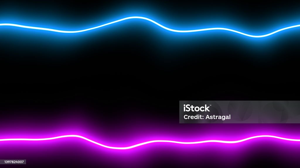 Blue and purple neon lines Blue and purple bright flowing neon lines on the black background Squiggle Stock Photo