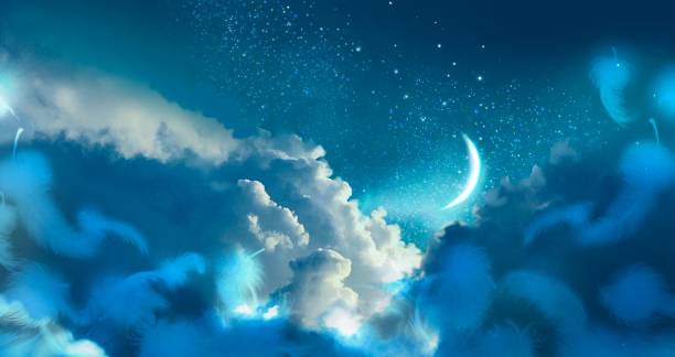 istock Mysterious background of fluffy white angel wings and blue night sky with crescent moon and stars 1397825619