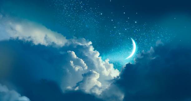 Illustration of a starry night, a large full moon in the night sky and a fantastic sea of clouds Illustration of a starry night, a large full moon in the night sky and a fantastic sea of clouds star field illustrations stock illustrations