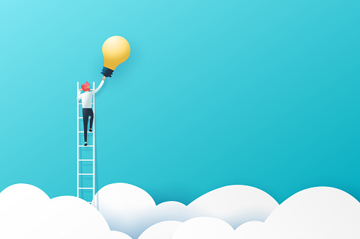 Businessman on a ladder reaching light bulb above cloud on blue sky background.Business concept.Paper art vector illustration.