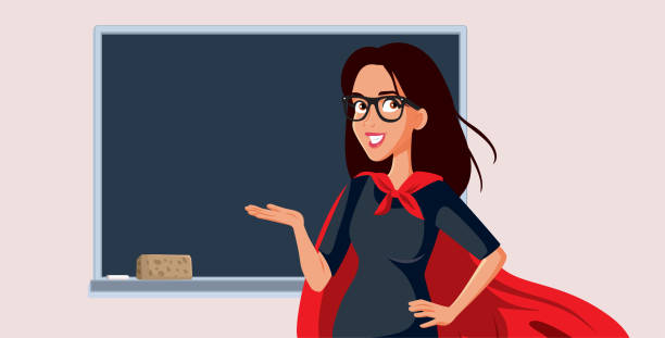 Superhero Teacher Standing in Front of a Blackboard Vector Cartoon Illustration Exceptional professor teaching her class of students wearing a red cape board eraser stock illustrations