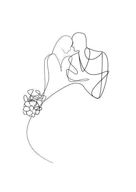 suknia ślubna ebhua, para zakochana w ciągłym stylu rysowania artystycznego. kochający mężczyzna obejmujący swoją kobietę czarny liniowy szkic wyizolowany na kolorowym tle. ilustracja wektorowa. - małżeństwo stock illustrations