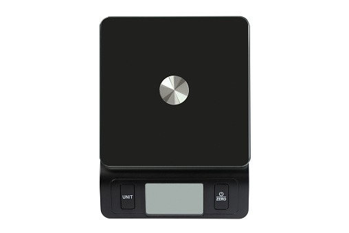 Digital kitchen scale, top view, isolated on white background.