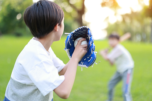 Children playing baseball on green grassy lawn