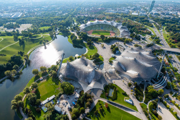 Munich, Germany - October 11, 2021: view from the Olympia Tower over Munich with Olympia Park and olympiastadium at sunny day