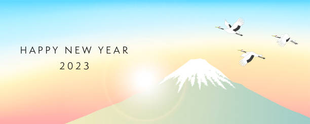 ilustrações de stock, clip art, desenhos animados e ícones de 2023 new year's banner or header with three cranes flying in the scenery of mount fuji in japan and the first sunrise of the year. - travel simplicity multi colored japanese culture