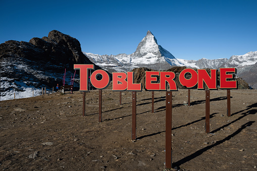 Rotenboden, Switzerland - October 14, Toblerone photospot at Rotenboden Alp with view on Matterhorn  mountain