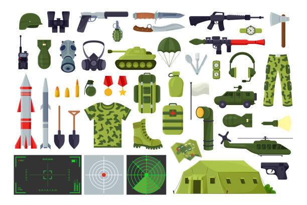 illustrationsset für militärische ausrüstung - violence war gun camouflage stock-grafiken, -clipart, -cartoons und -symbole