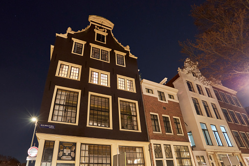 Amsterdam canal houses at night, The Netherlands