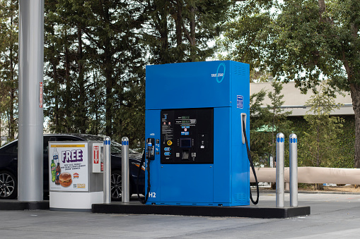 Costa Mesa, CA, USA - May 15, 2022: A True Zero hydrogen refueling pump is seen in a Chevron gas station in Costa Mesa, California. True Zero network of hydrogen refueling stations is owned and operated by FirstElement Fuel Inc.