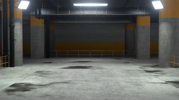 istock Underground Sci Fi Concrete Cement Background Dark Reflective Showroom Parking White Lights Modern Elegant 3D Rendering Illustration 1397842806