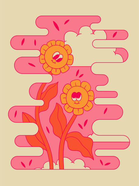 illustrazioni stock, clip art, cartoni animati e icone di tendenza di fiore di margherita sorridente retrò degli anni '70. - flower spring floral pattern computer graphic