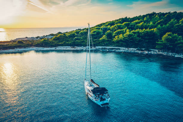 istock Anchored sailboat, view from drone 1397847988