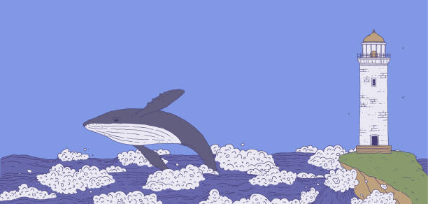 illustrations, cliparts, dessins animés et icônes de saut de baleine et phare sur rocher parmi les vagues orageuses de la mer. paysage marin avec des animaux aquatiques. bannière d’illustration vectorielle de ligne doodle. - sea storm lighthouse rough