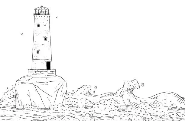 Vector illustration of Lighthouse on island among stormy sea waves. Seascape with signal tower searchlight and water for banner design. Vector black white line doodle illustration.