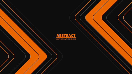Black abstract background with orange and gray lines, arrows and angles. Dark modern sporty bright futuristic horizontal abstract background. Vector illustration