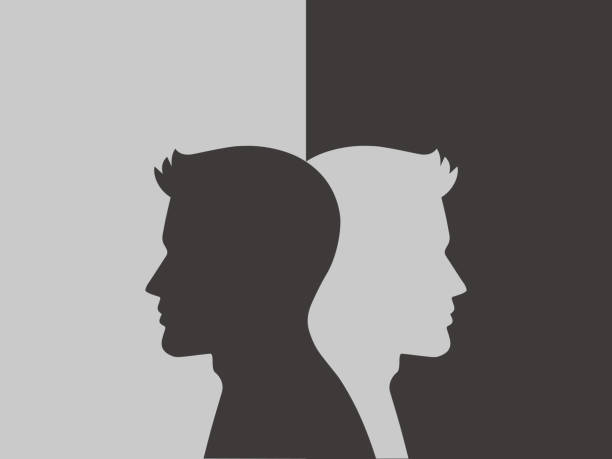 bildillustration einer männlichen silhouette mit extremer persönlichkeit in schwarz-weiß - das innere nach außen gekehrt stock-grafiken, -clipart, -cartoons und -symbole