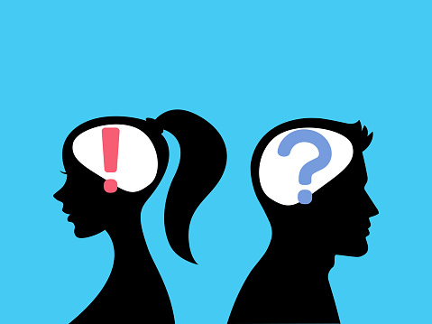 Image illustration of male and female brain silhouettes and question marks exclamation marks