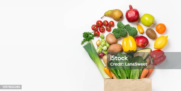 Healthy Food Background Healthy Food In Paper Bag Vegetables And Fruits On White Food Delivery Shopping Food Supermarket Concept Stock Photo - Download Image Now